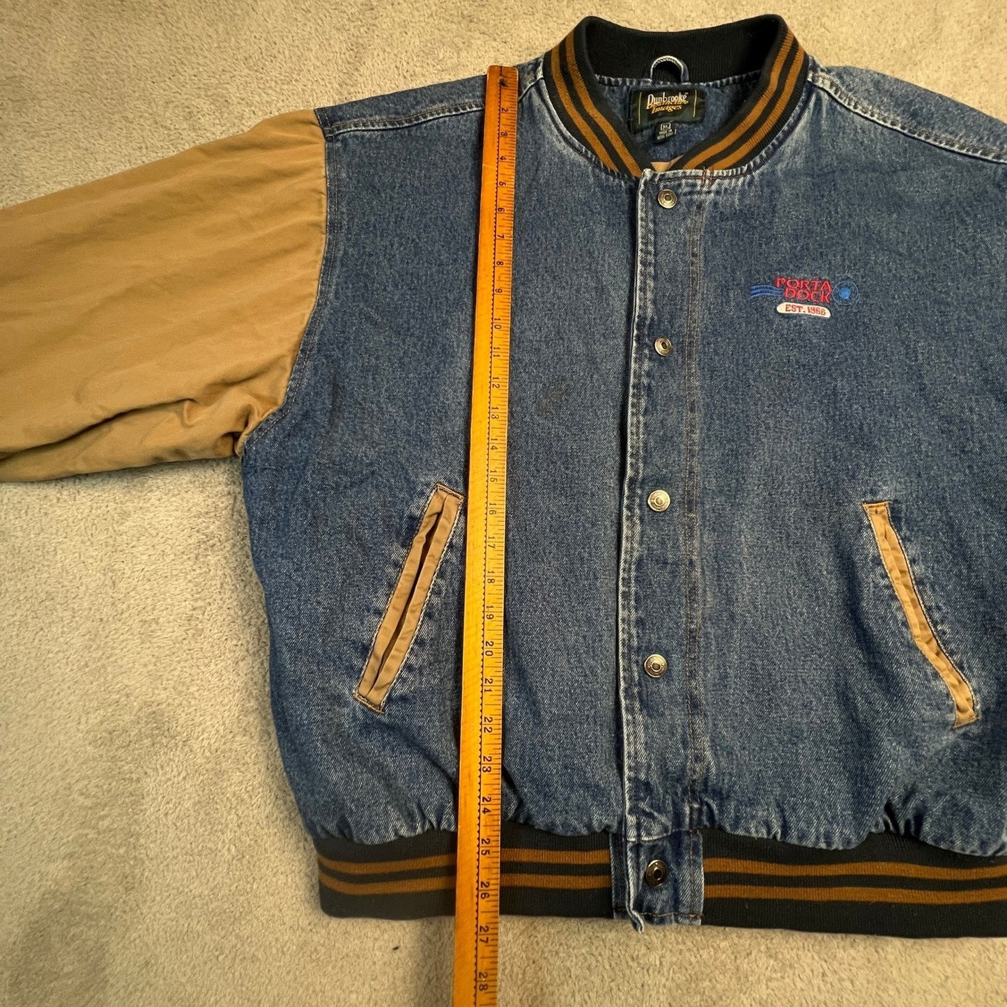 Veintage Dunbrooke Denim Jacket Mens XL Varsity Blue Tan Porta Dock Bomber