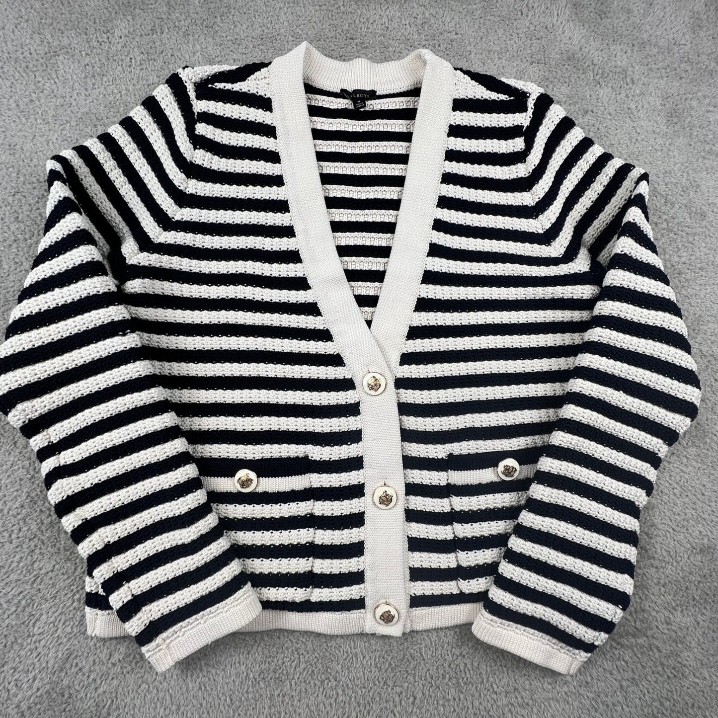 Sailor Chic Nautical Chunky Knit Striped V-Neck Sweater Talbot's Women's Medium