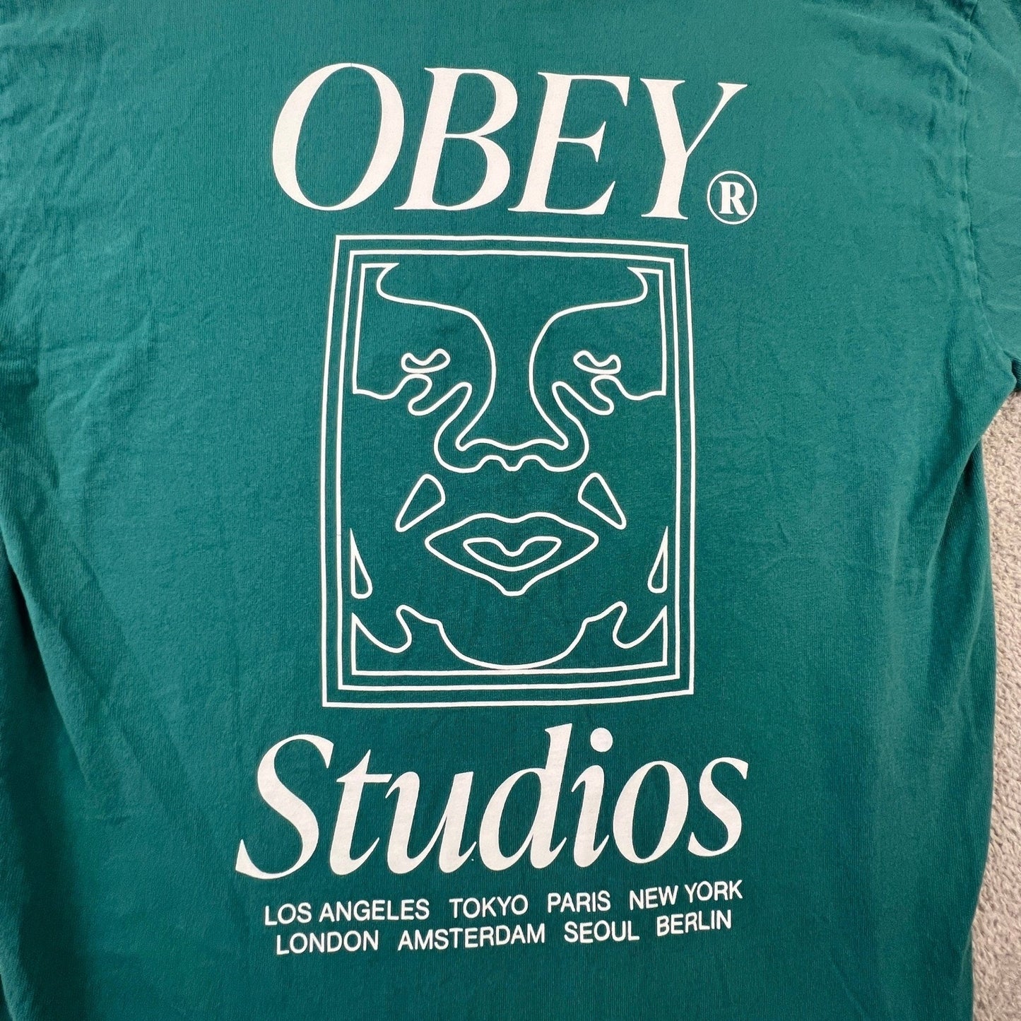 Obey Studios Mens Medium Graphic T-Shirt Teal Green Short Sleeve Crewneck
