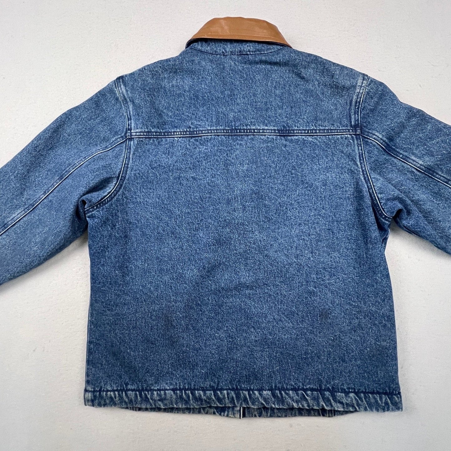 Woolrich Denim Barn Jacket Womens L Blue Leather Collar Fleece Lined Workwear