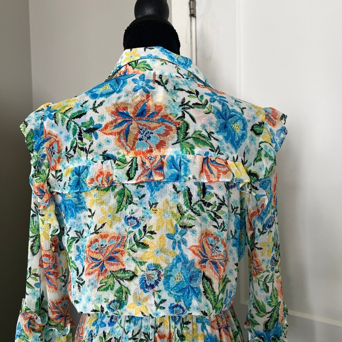 MISA Los Angeles Maxi Dress Womens S Blue Orange Floral Tiered Smocked Boho Luxe