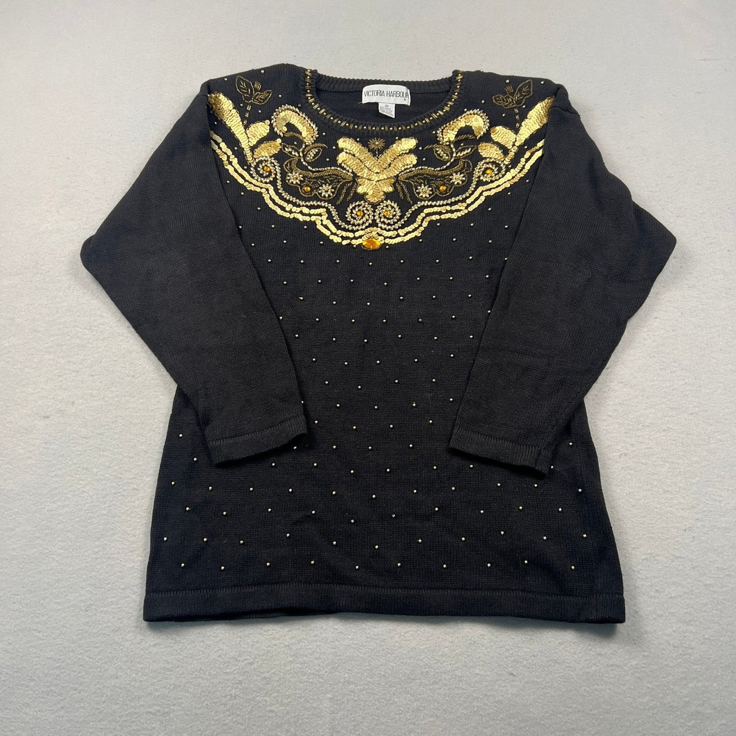 VTG 90s Victoria Harbour Sweater Women M Black Gold Sequin Beaded Party Glam