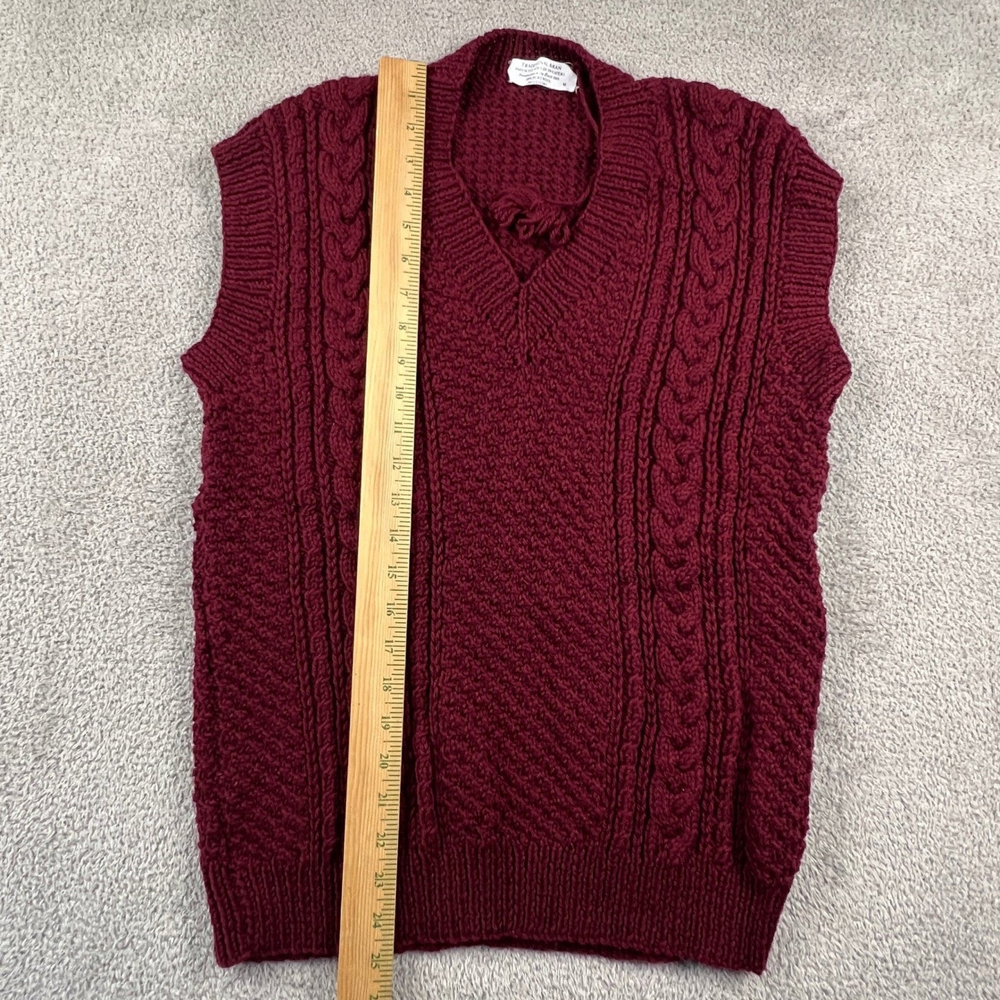 Vintage Aran Handknitted Wool Sweater Vest Women's M Burgundy V-Neck Cable Knit