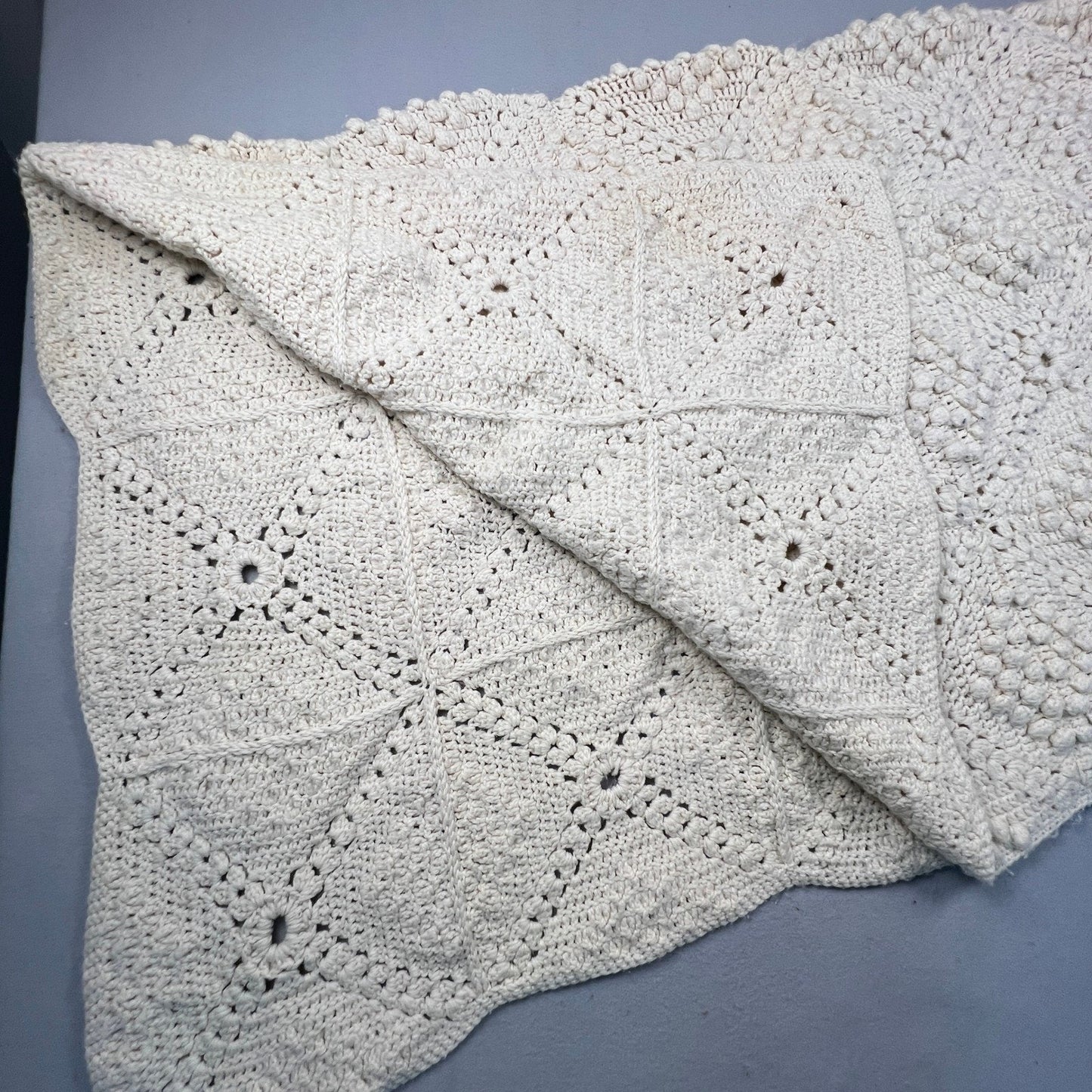 Handmade Crochet Popcorn Stitch Afghan Blanket 72x58 Cream Boho Farmhouse VTG