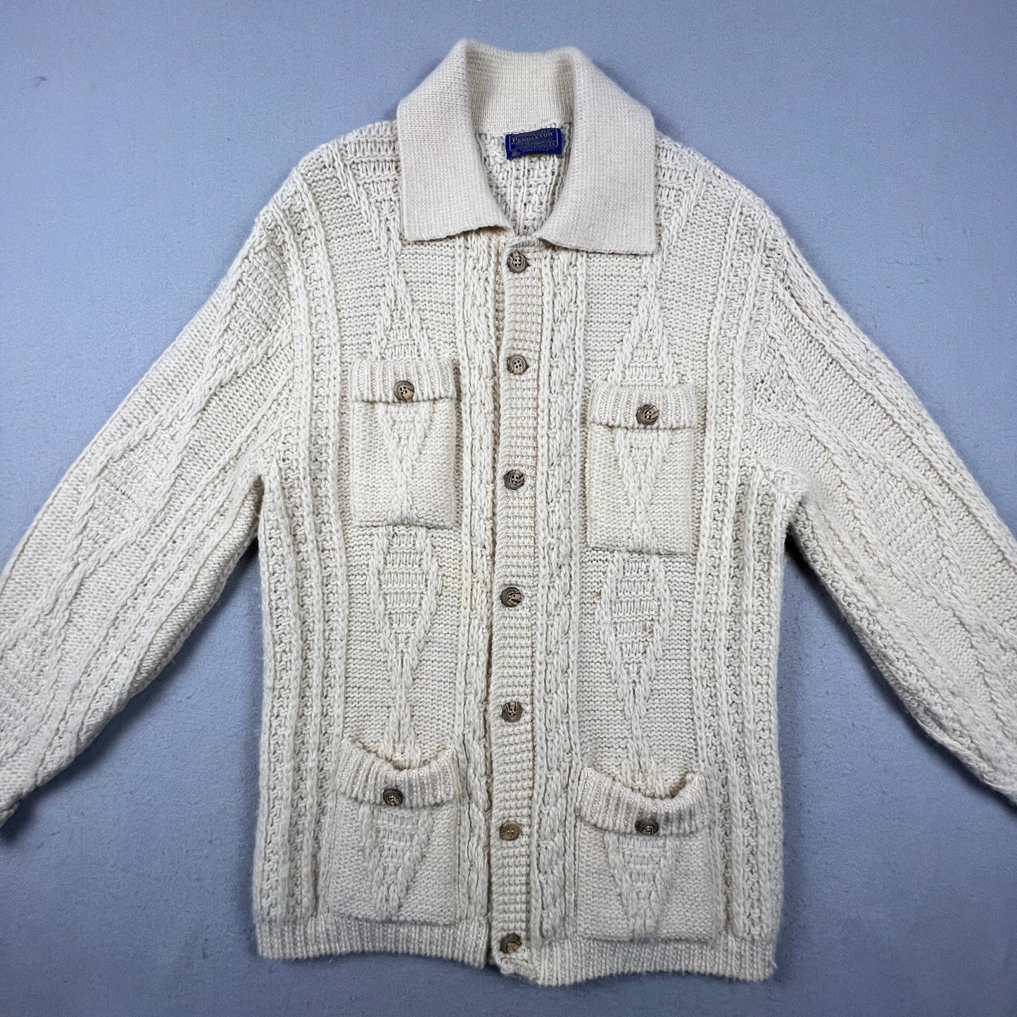 Vintage Pendleton Sweater Mens Large Cream Wool Cable Knit Aran Cardigan USA