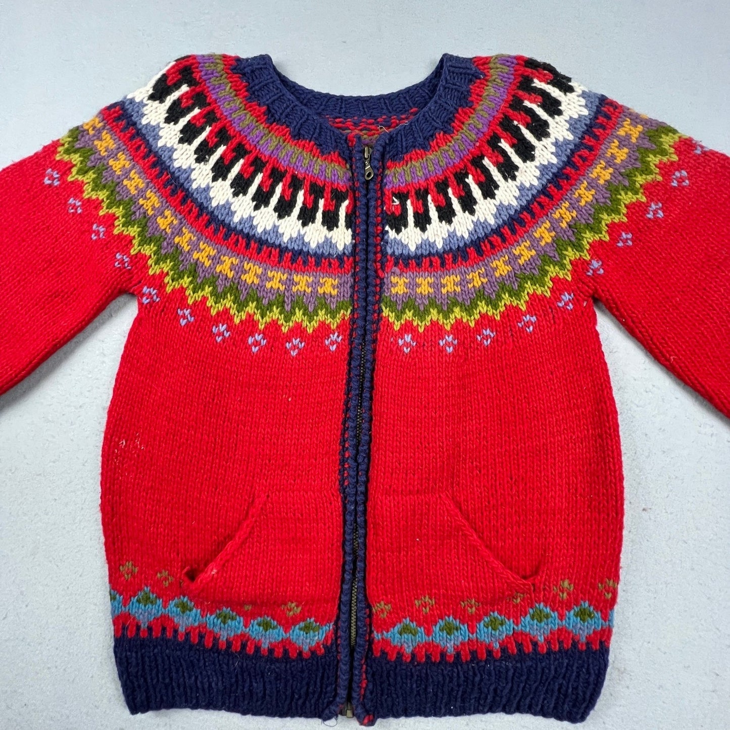 Handmade Fair Isle Zip Cardigan Sweater Mens XL Red Wool Knit Nordic Outdoor