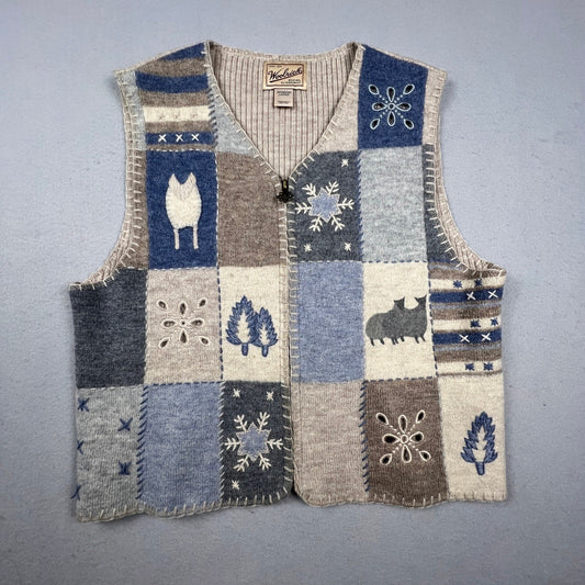 Woolrich Sweater Vest Womens Large Multi Patchwork Wool Zip Up Cabin Cottagecore
