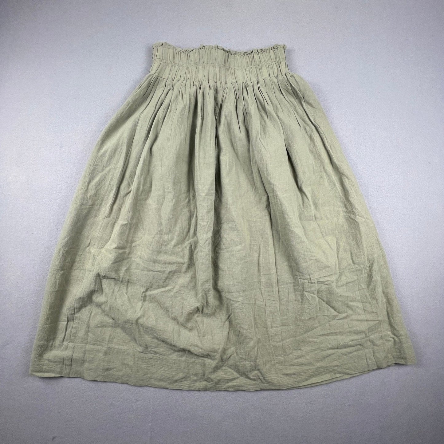 100% Cotton Midi Skirt Womens Small Green Cotton Smocked Paperbag Waist Boho