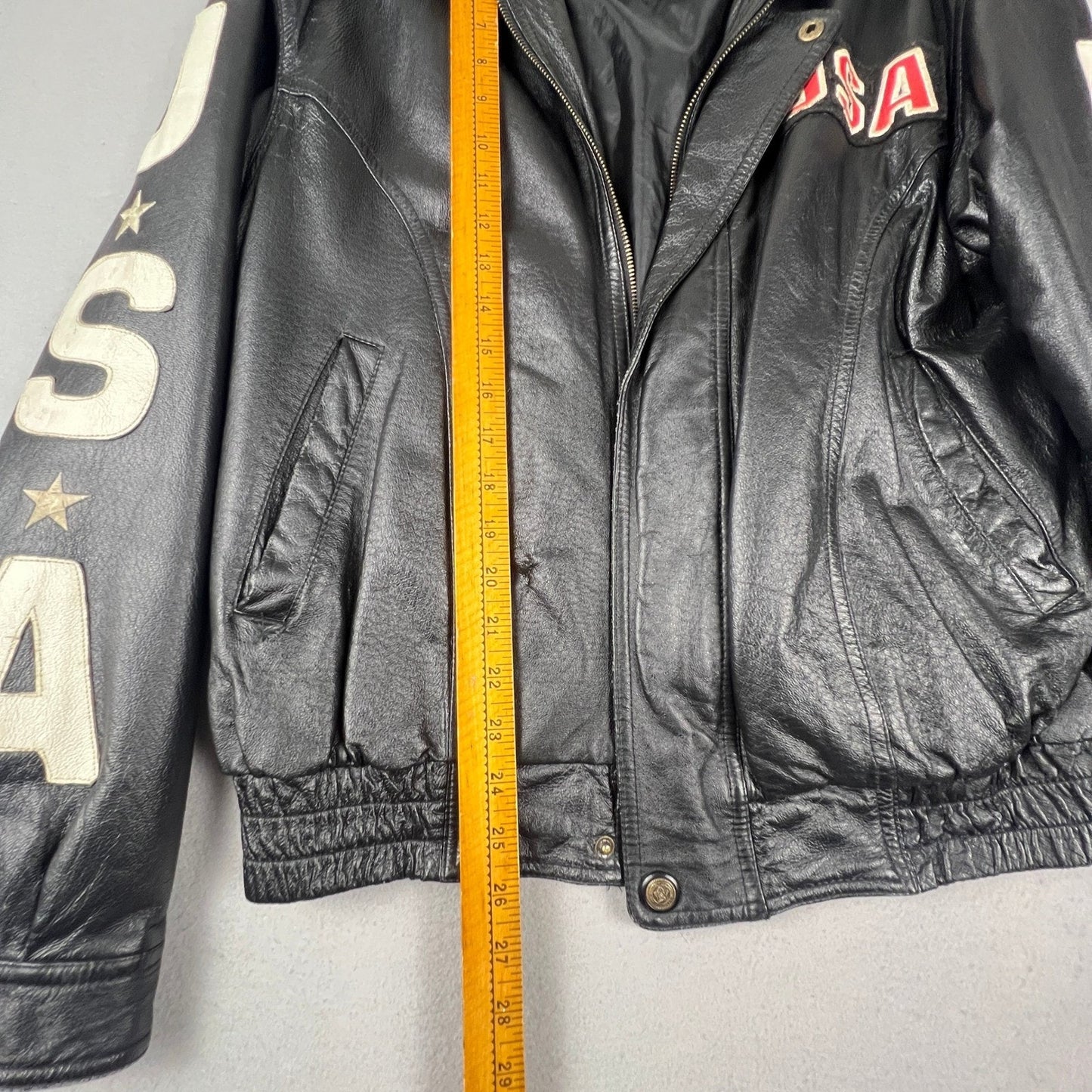 Leather Bomber Jacket Mens L Black USA Eagle Patriotic Biker Vintage Rocker