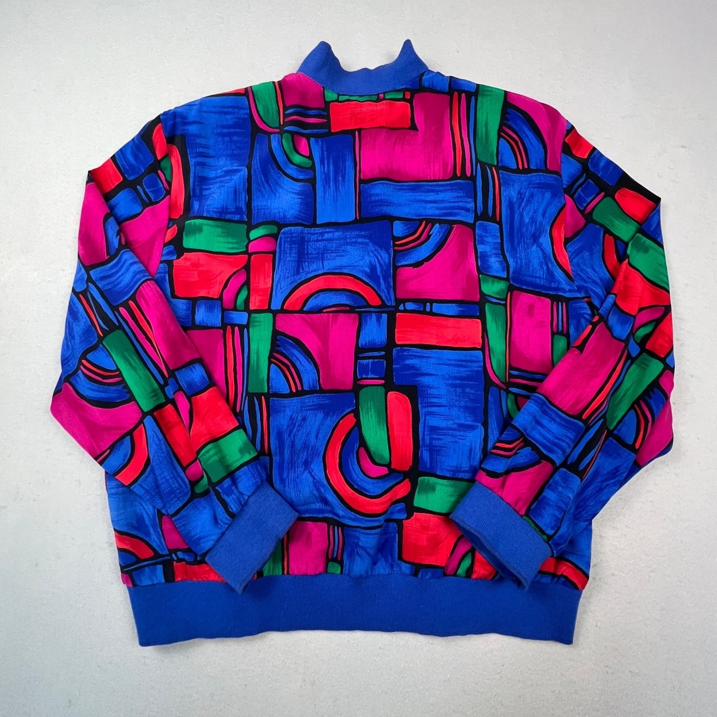 VTG Retro 90s Teddi Bomber Jacket Womens Large Blue Abstract Geometric Zip Up