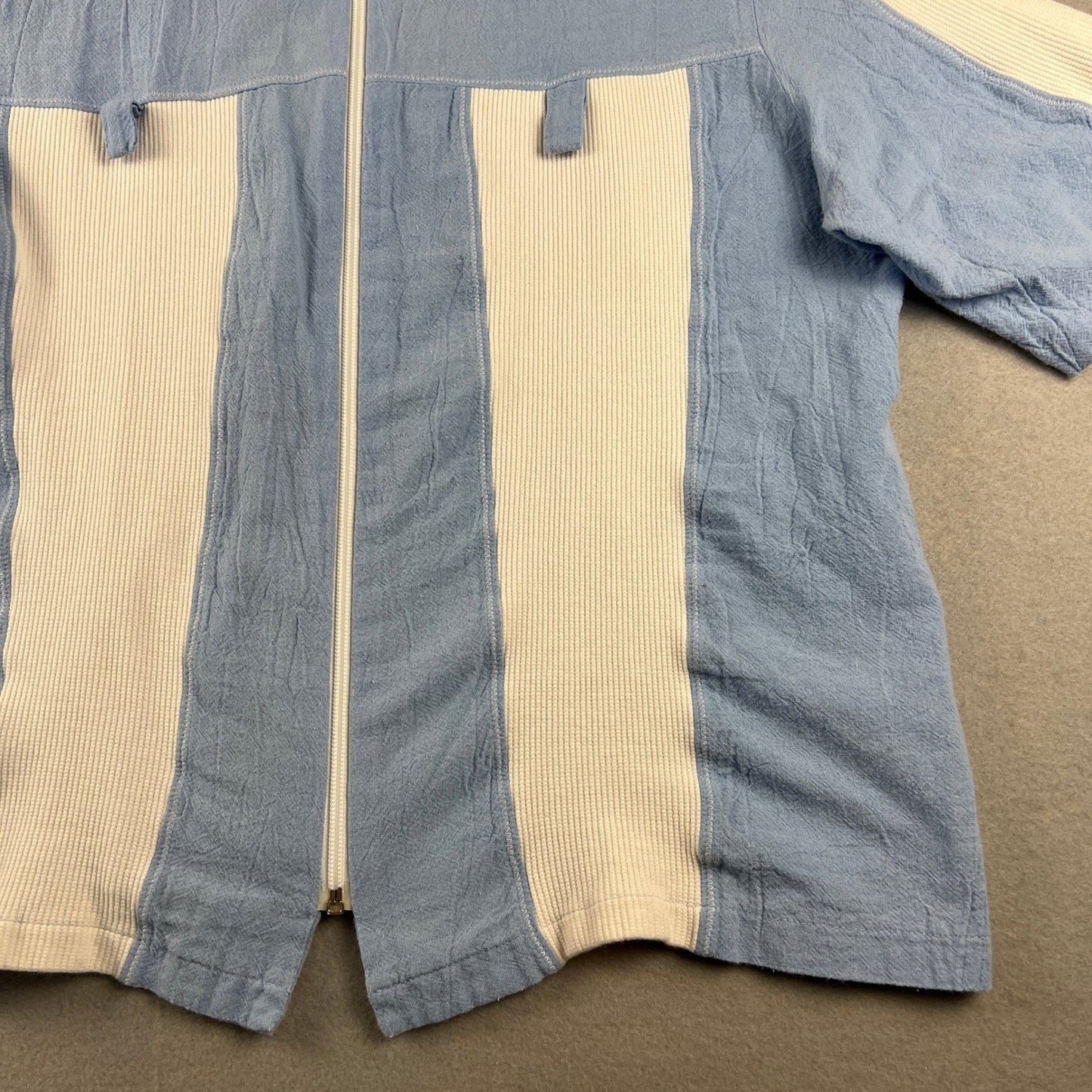 VTG Highlights Zip Up Shirt Womens Large Blue White Ribbed Panel Shoulder Pads