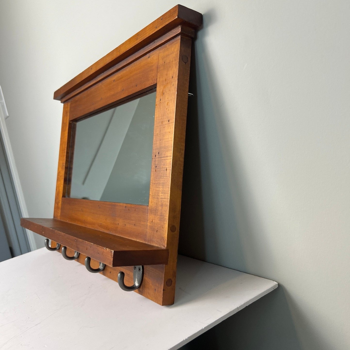 Wood Wall Mirror Entryway Shelf 20x14 Brown Rustic Farmhouse Decor Grandmacore