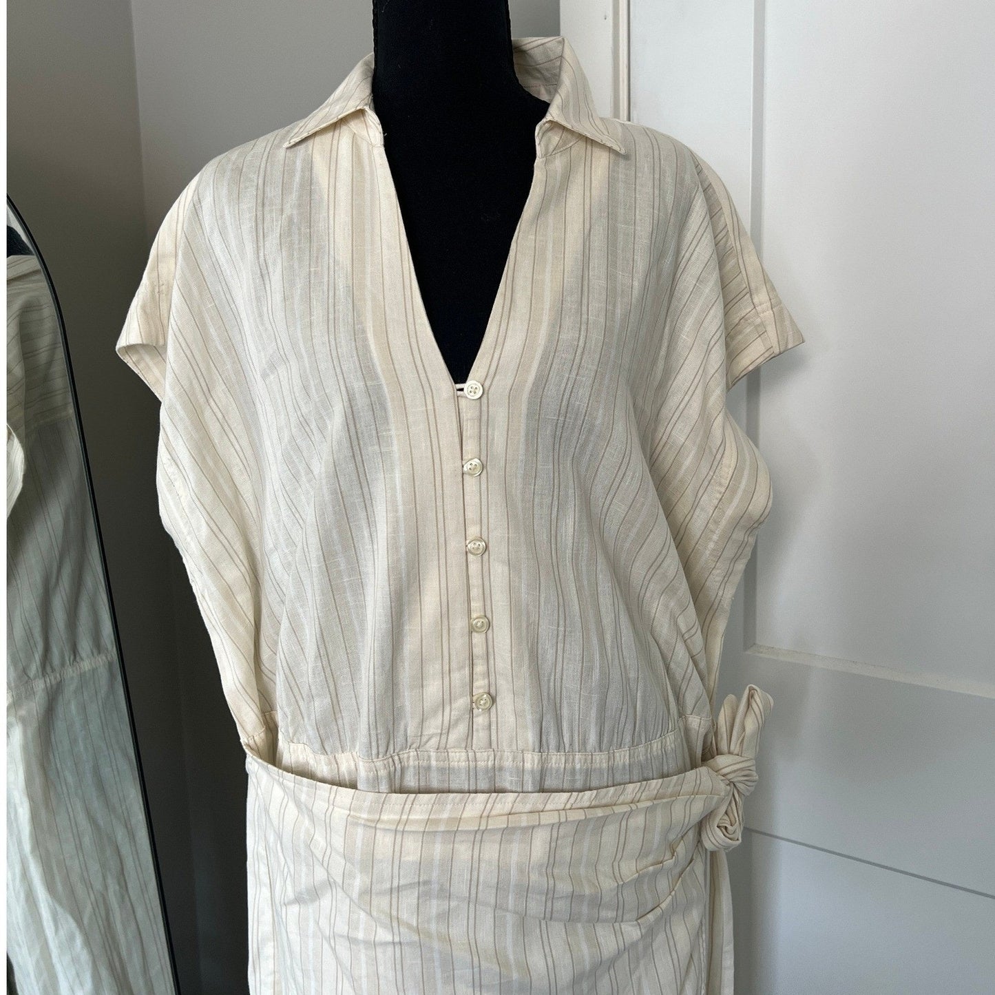 Midi Dress Womens L Cream Pinstripe Wrap Tie Cotton Casual Universal Thread