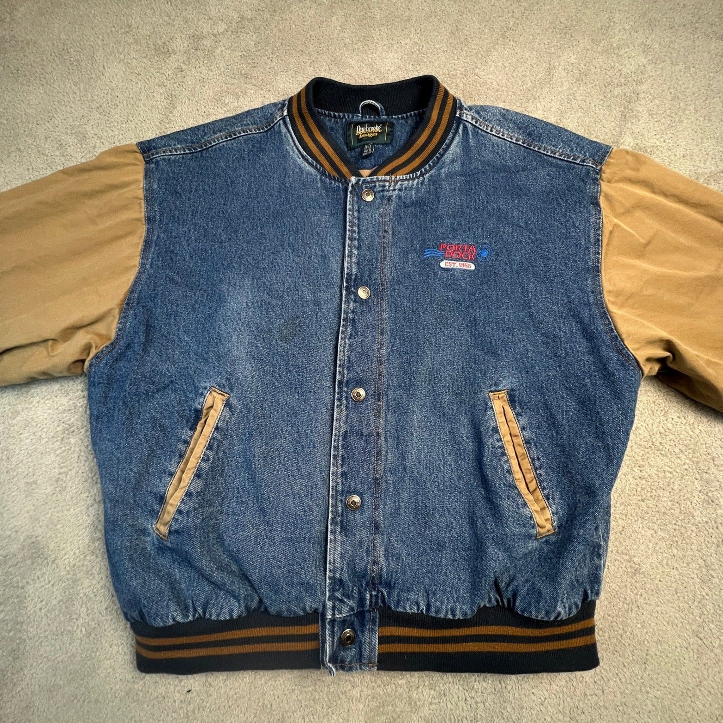 Veintage Dunbrooke Denim Jacket Mens XL Varsity Blue Tan Porta Dock Bomber