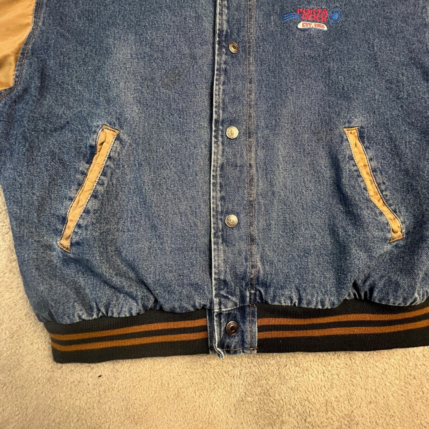 Veintage Dunbrooke Denim Jacket Mens XL Varsity Blue Tan Porta Dock Bomber