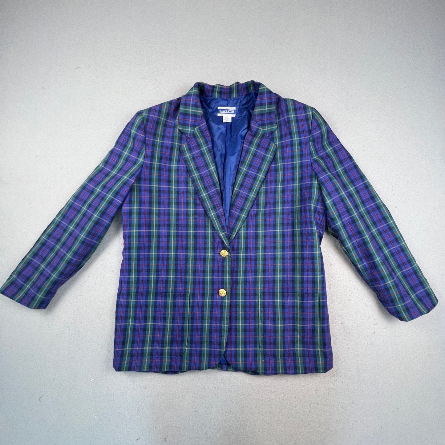 Pendleton Blazer Womens 16 Blue Plaid Cotton Gold Button Knockabouts Preppy USA