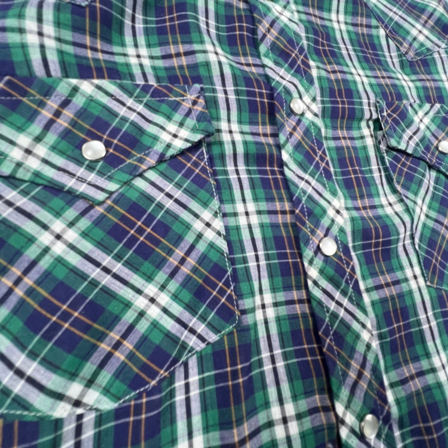 Sears Western Wear Pearl Snap Shirt Mens Medium Green Plaid Vintage Cowboy Yoke