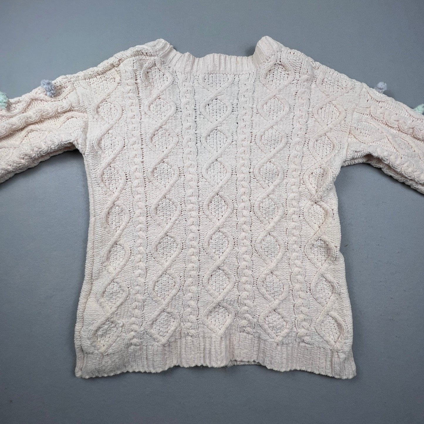 POL Cardigan Sweater Women Medium Cream Chenille Cable Knit Pom Pom Coquette