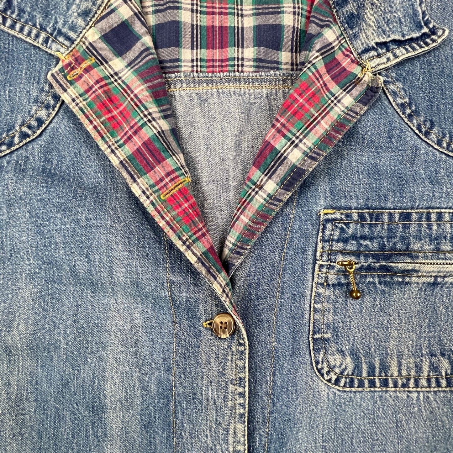 VTG Style Cabin Creek Denim Chore Jacket Womens XL Blue Plaid Lined Barn Coat