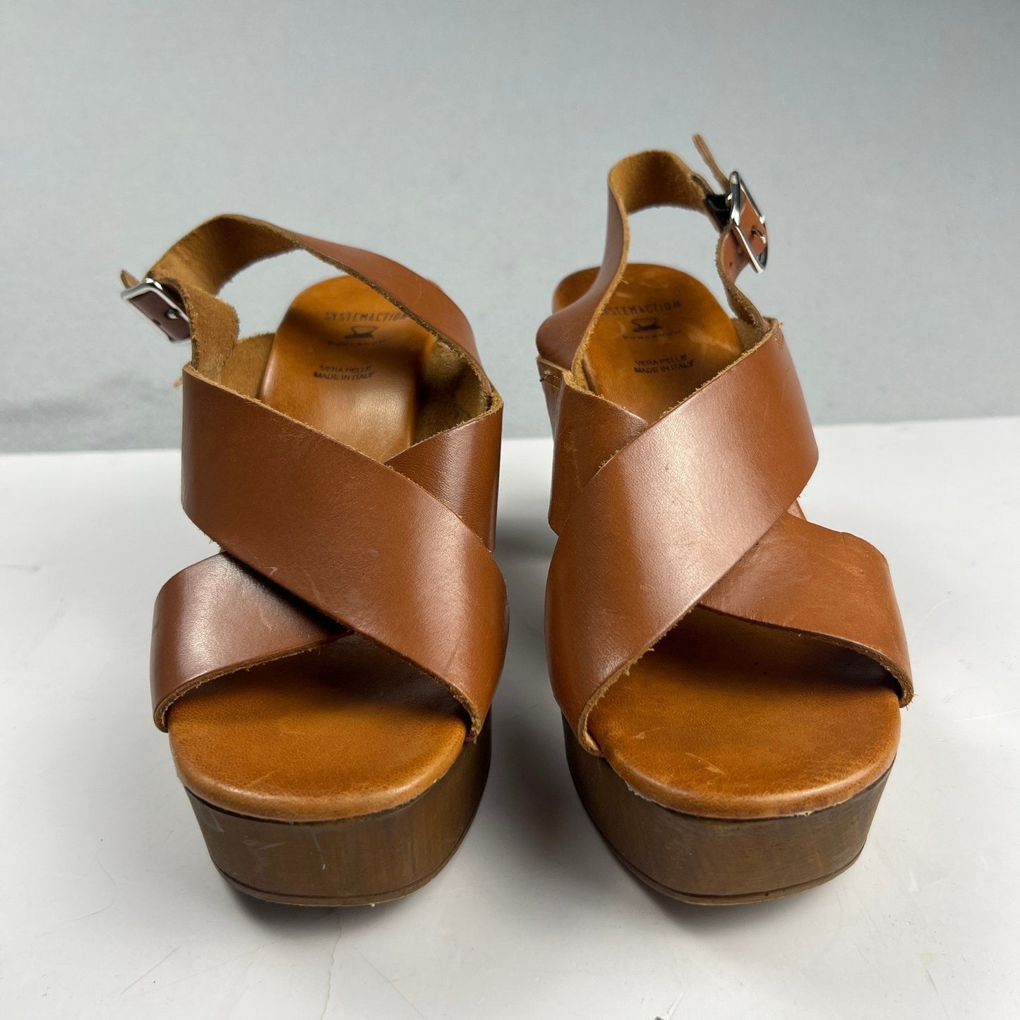 Brown Leather Wood Block Heel Boho Retro Platform Sandals Made in Italy Size 7