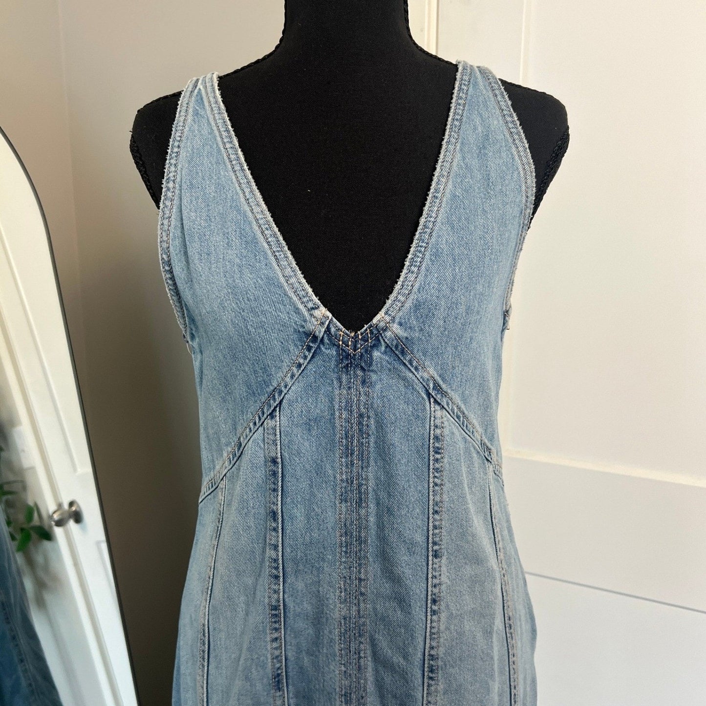 Zara Denim Maxi Dress Womens S Blue V-Neck Sleeveless Seam Detail Boho Casual
