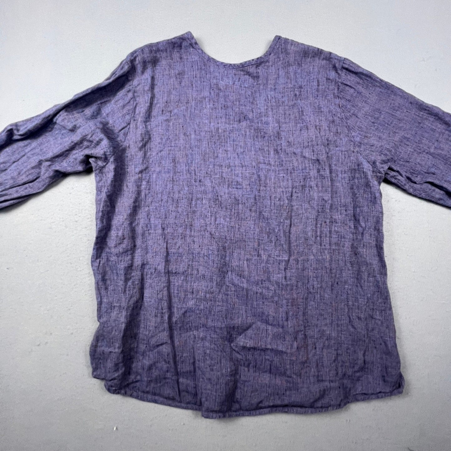 FLAX Linen Tunic Top Womens Large Purple Faux Wrap V-Neck Lagenlook Coastal Boho