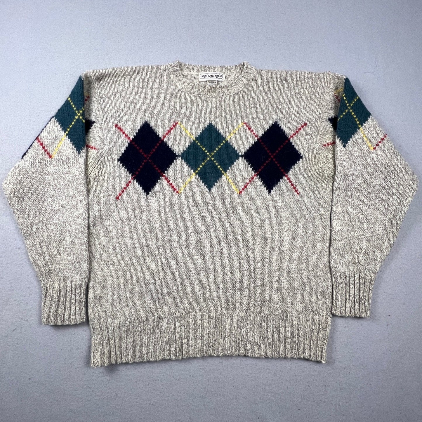 Gap Argyle Sweater Mens XL Beige Wool Blend Vintage Crewneck Preppy Knit