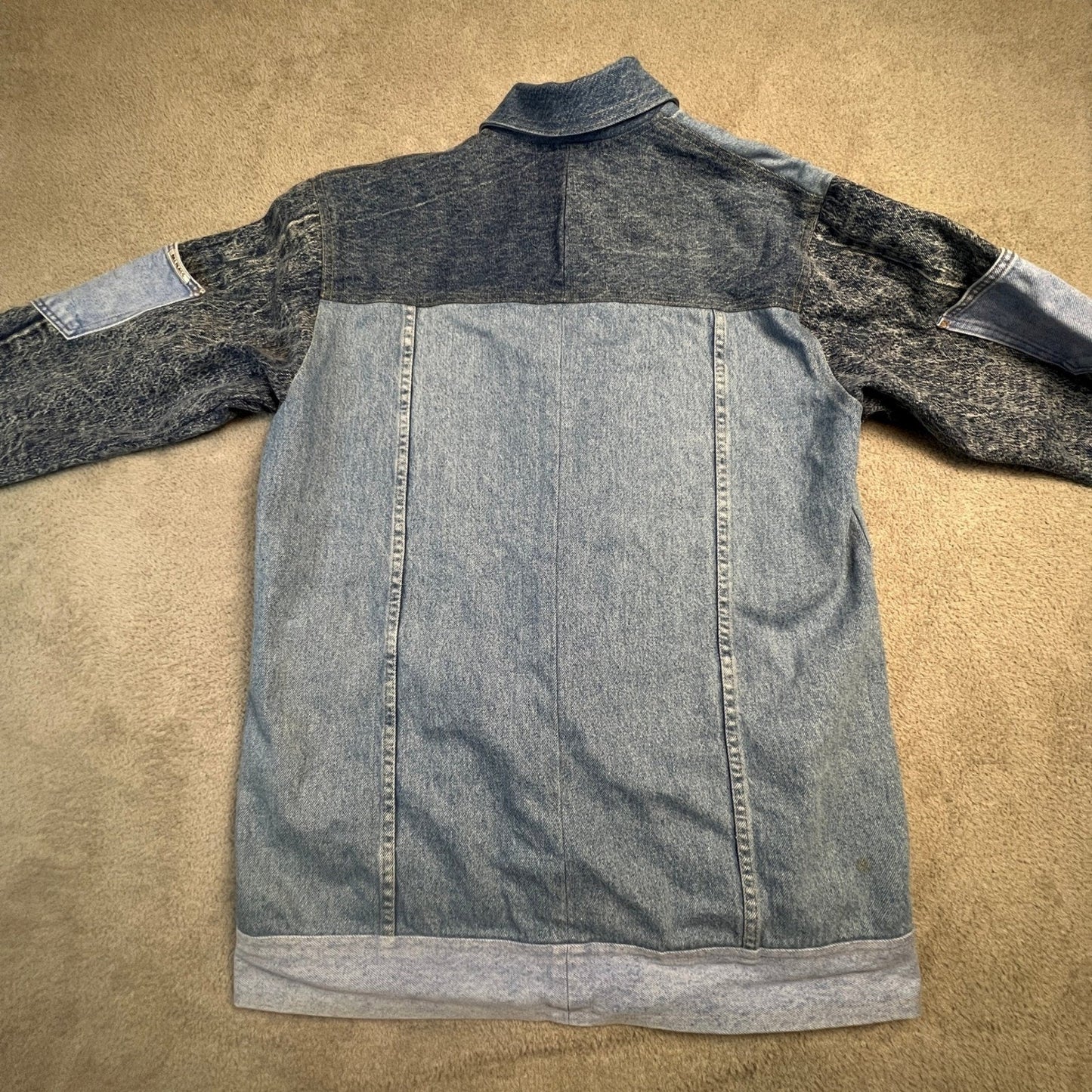Vintage Denim Patchwork Jacket Women's Large Chore Coat Acid Wash Longline Blue