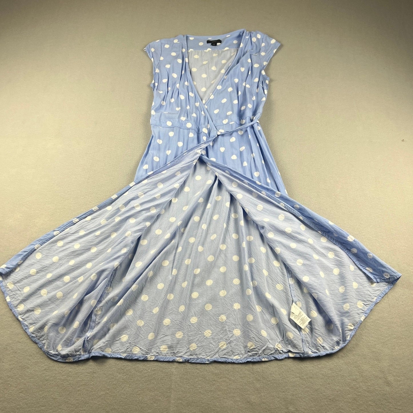 J.Crew Faux Wrap Dress Womens XSP Blue Polka Dot Midi Summer Casual Coquette