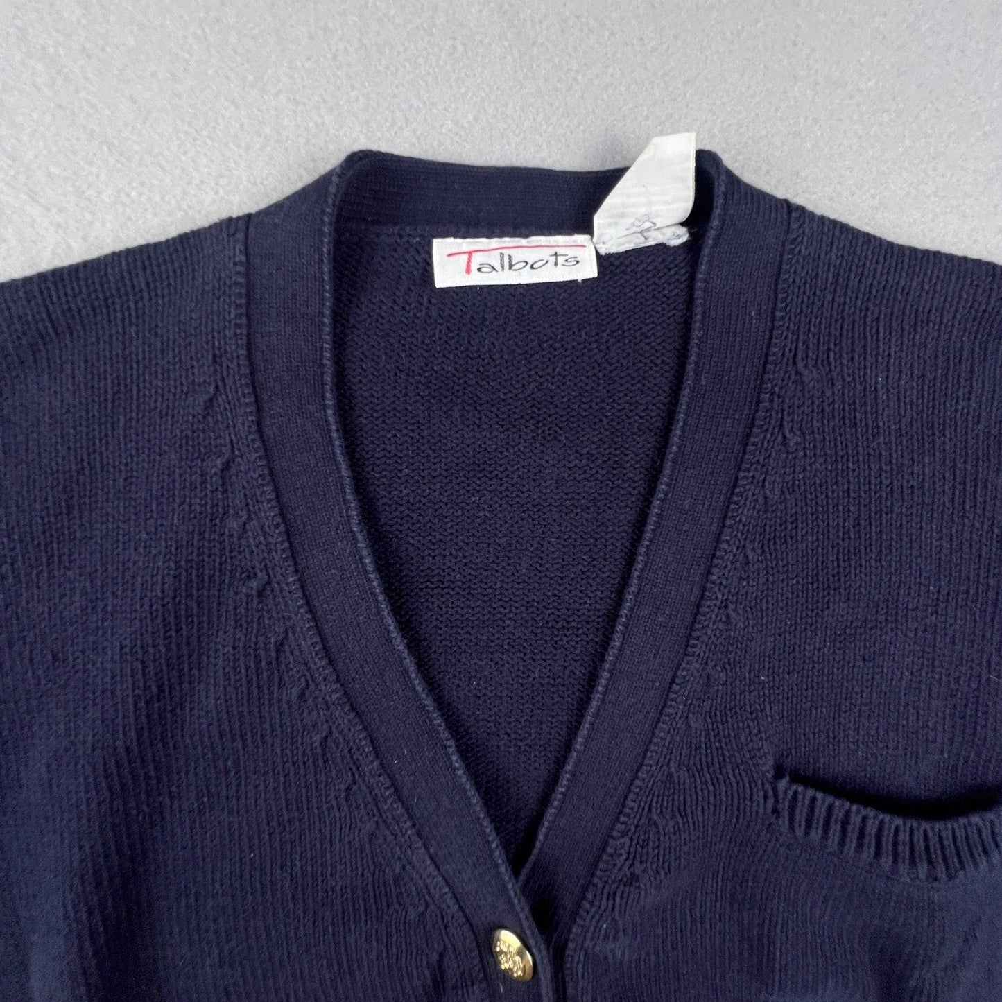 Talbots Cardigan Sweater Womens Medium Navy Blue Gold Crest Button Cotton Preppy