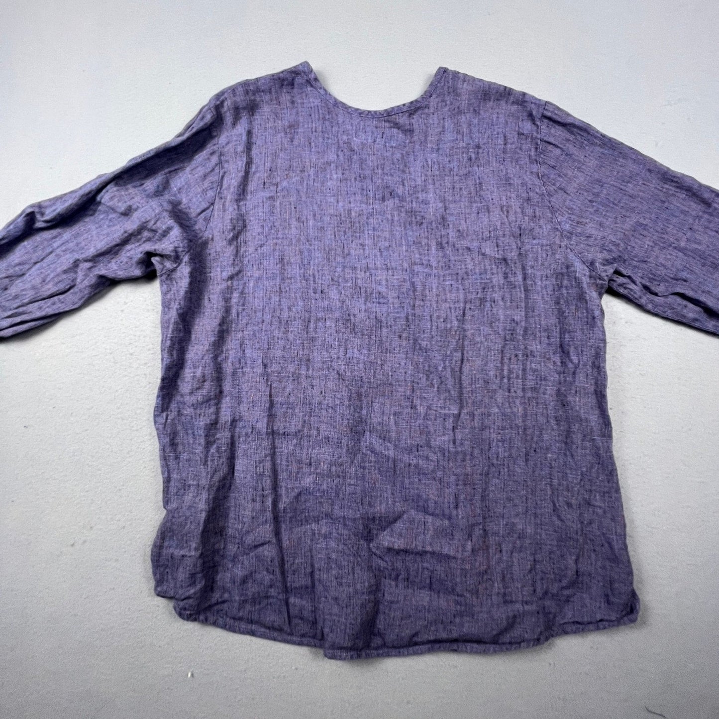 FLAX Linen Tunic Top Womens Large Purple Faux Wrap V-Neck Lagenlook Coastal Boho