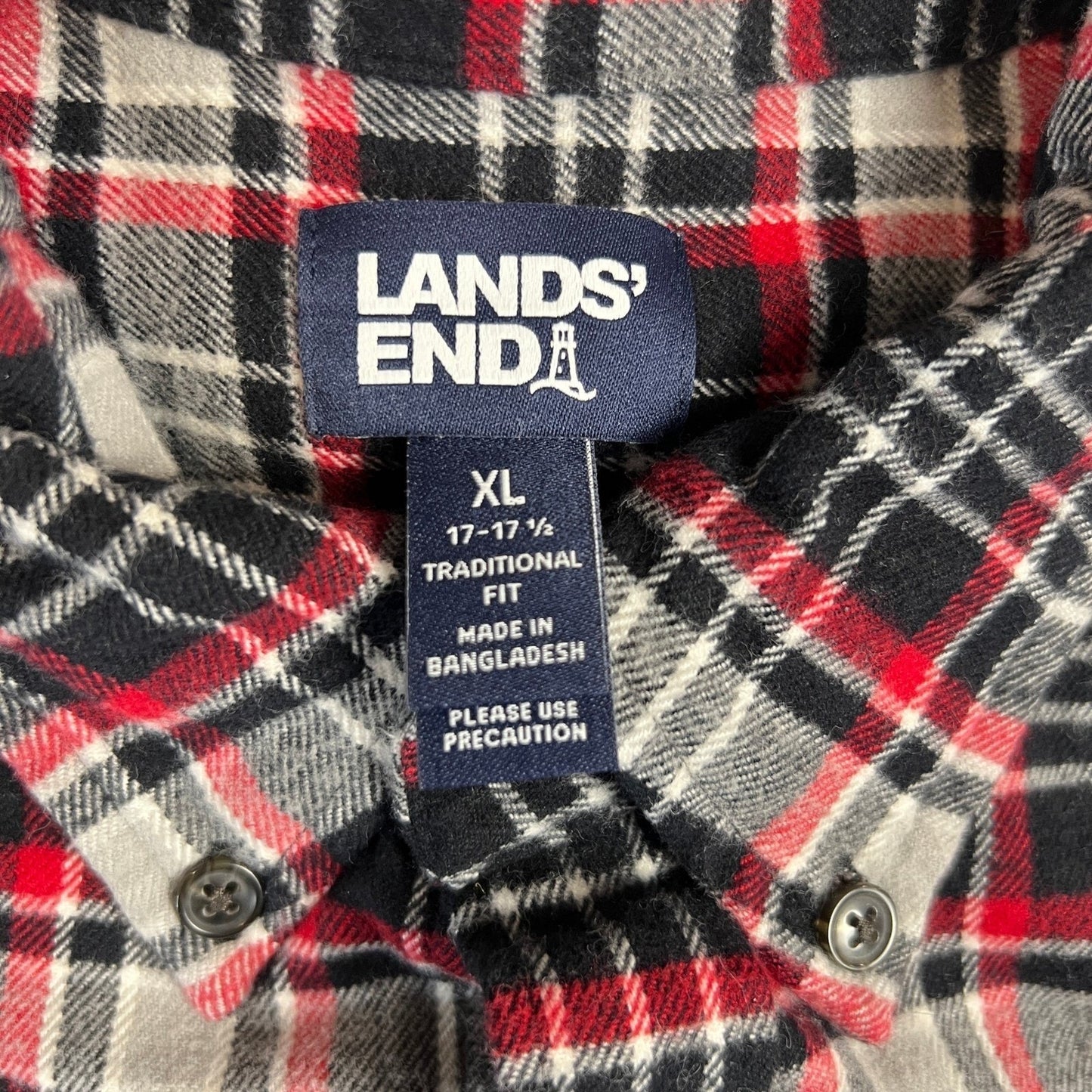 Lands End Flannel Shirt Men's XL Plaid Red Black White L/S Traditional Fit