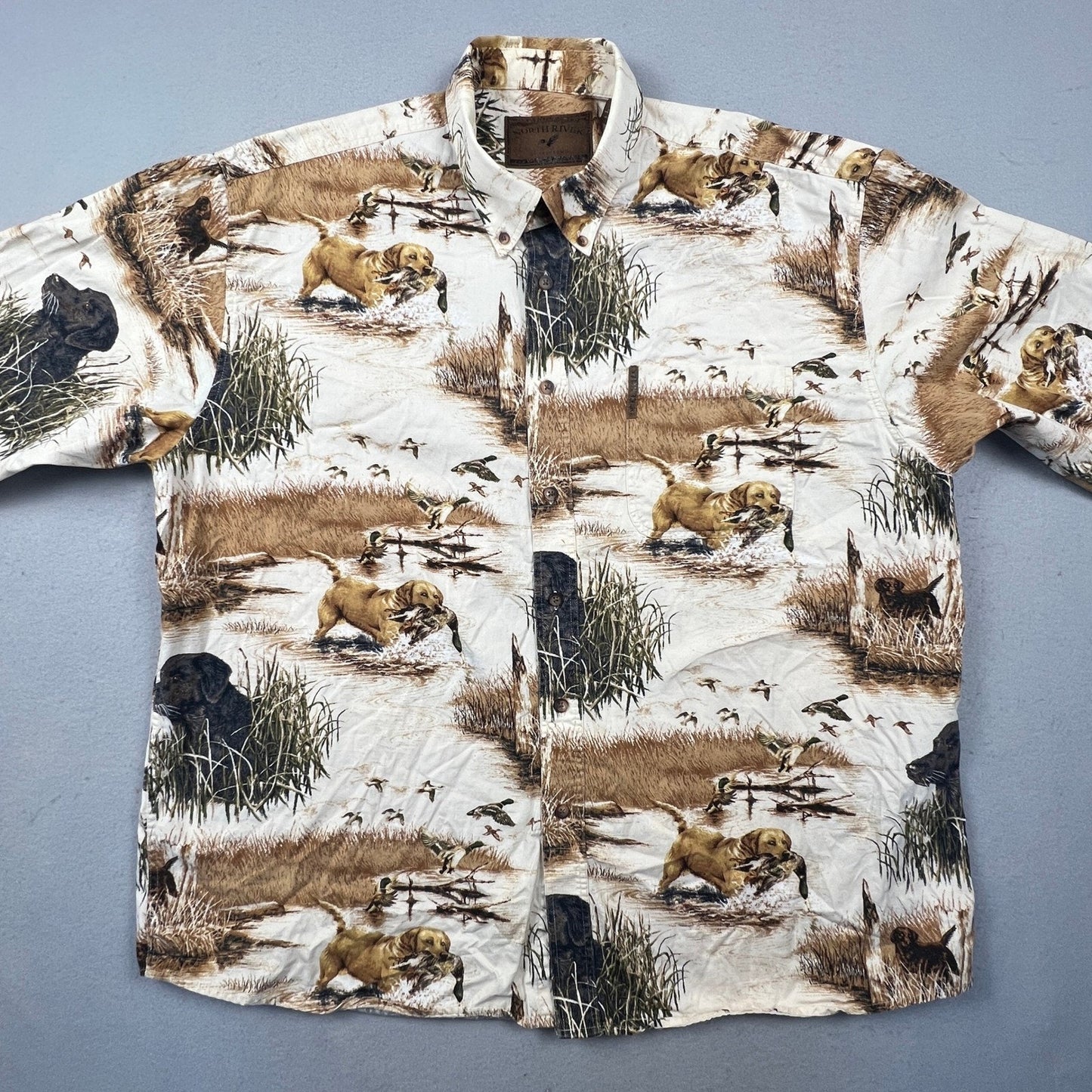 North River Hunting Dog Shirt Mens XL Beige Duck Lab Retriever All Over Print