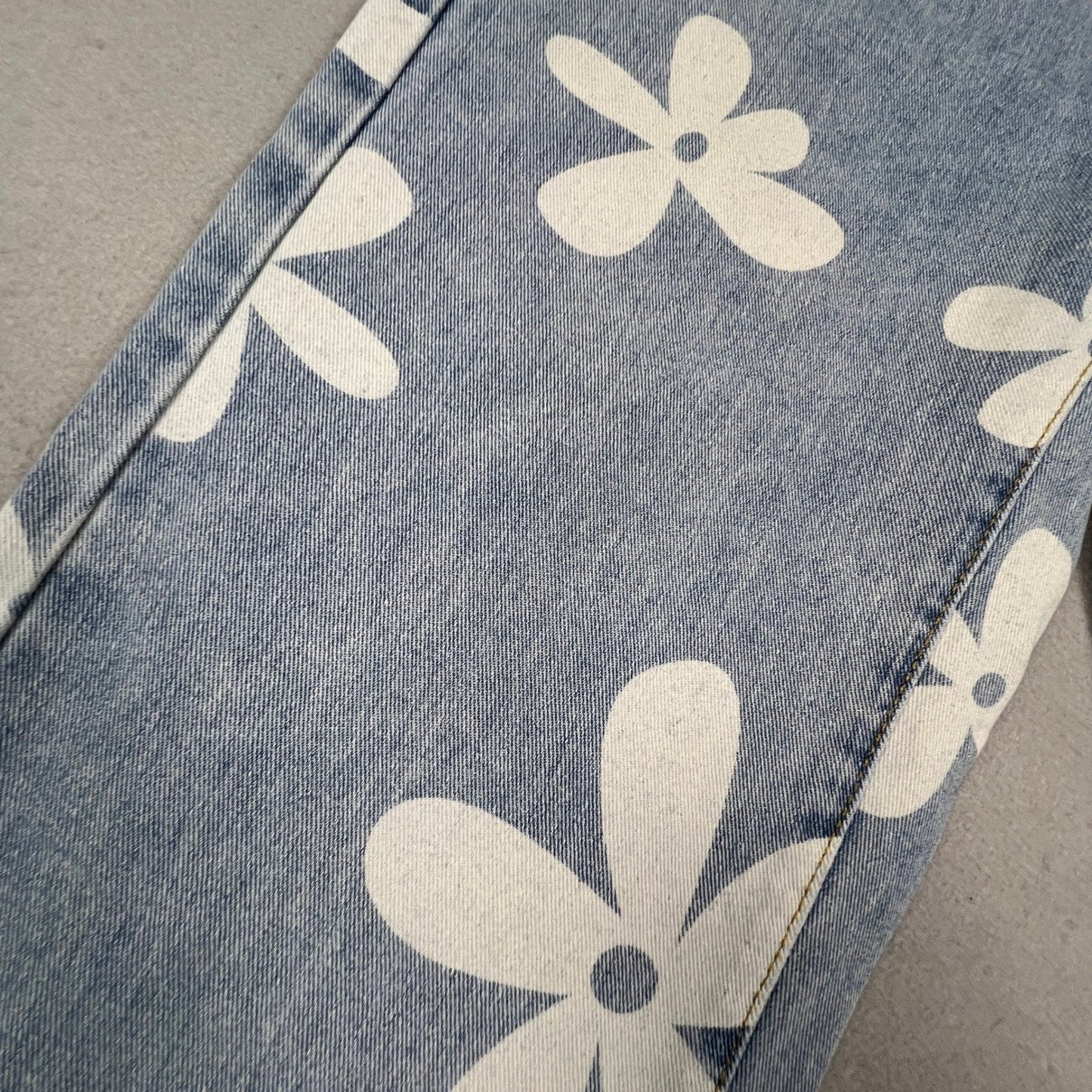 Straight Leg Retro Boho Daisy Print Jeans Womens 27 Light Blue Floral
