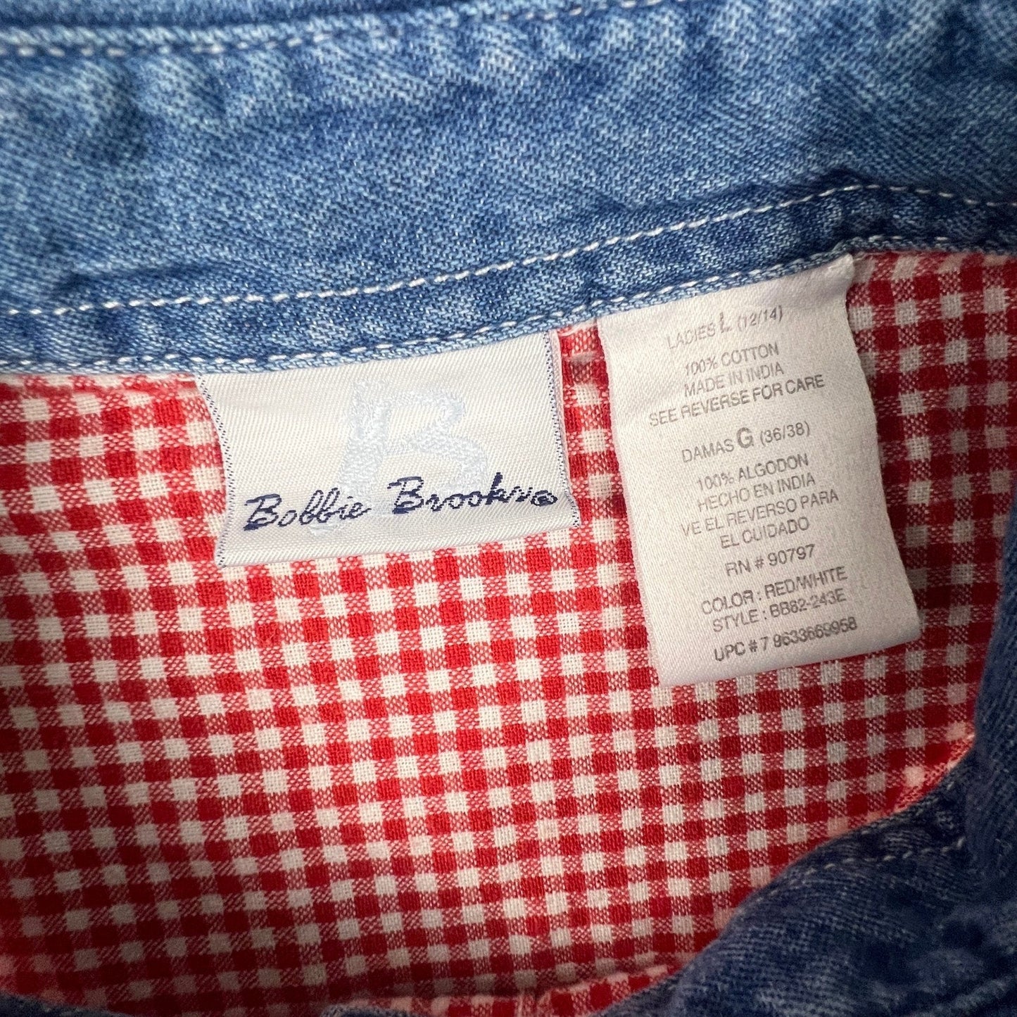 Bobbie Brooks Nautical Embroidery Shirt Women L Red Gingham Denim Coastal Granny