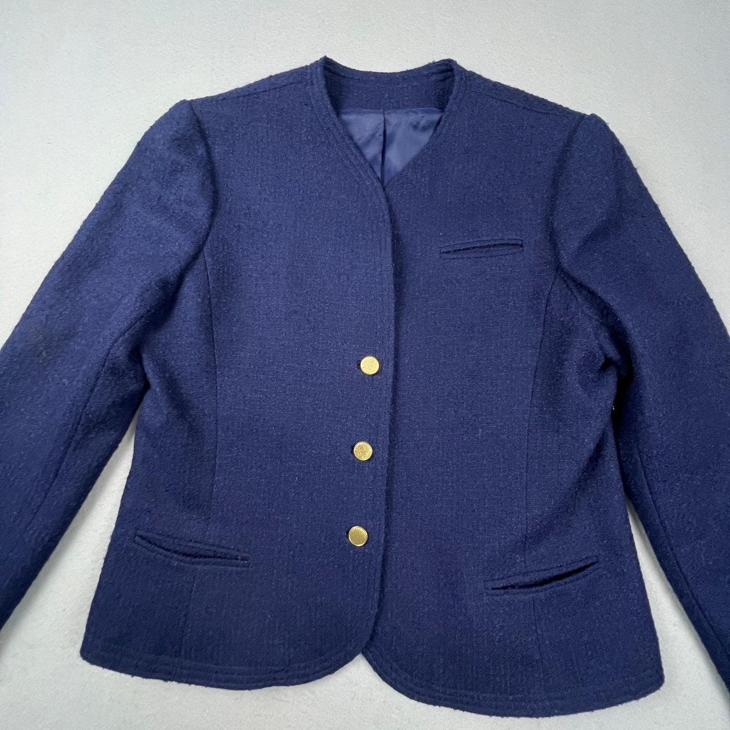 VTG Young Traditions Blazer Women 14 Navy Blue Gold Button Wool Blend Preppy