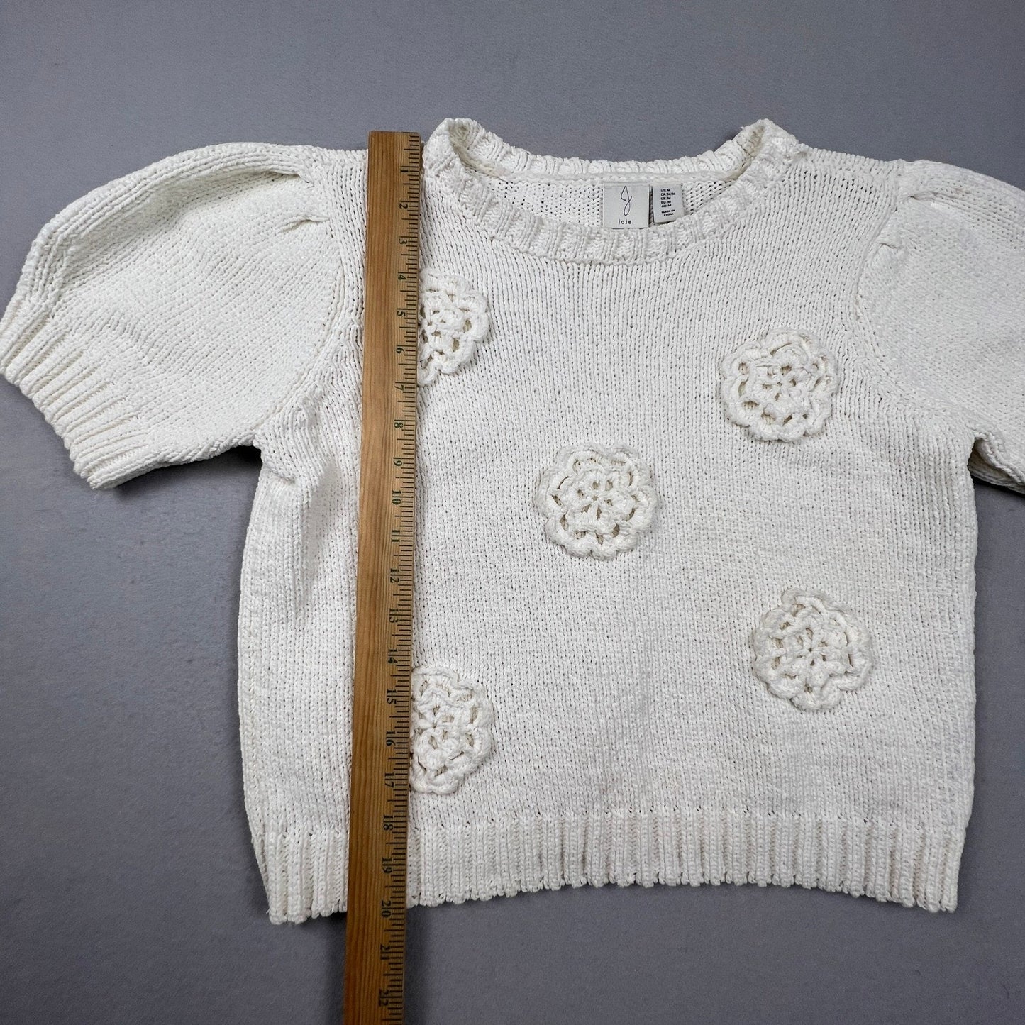 Joie Knit Sweater Size M 3D Crochet Flowers Short Puff Sleeves Pullover Boxy