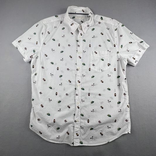 Aeropostale Button Down Shirt Mens XL White Camping Print Cotton Short Sleeve