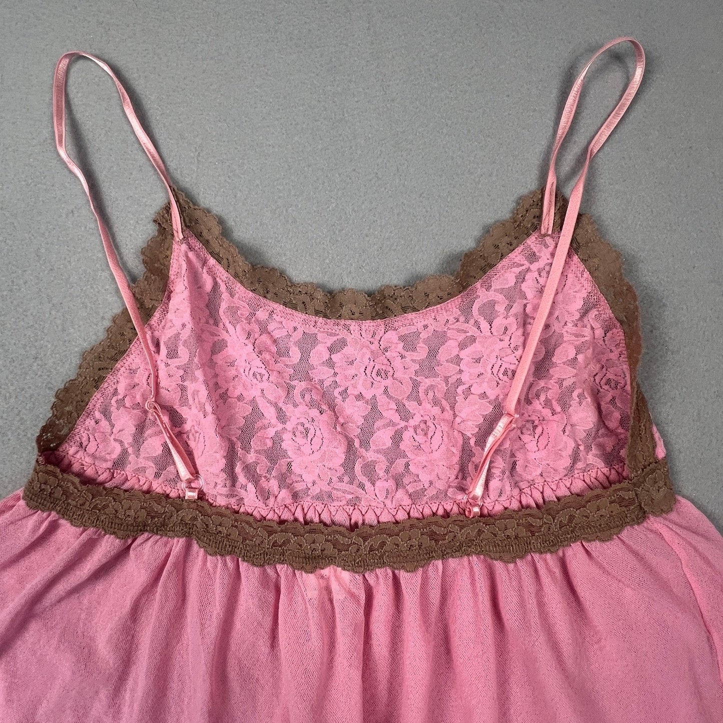 VTG Y2K Babydoll Camisole Women S Pink Brown Lace Mesh Chemise Nightgown