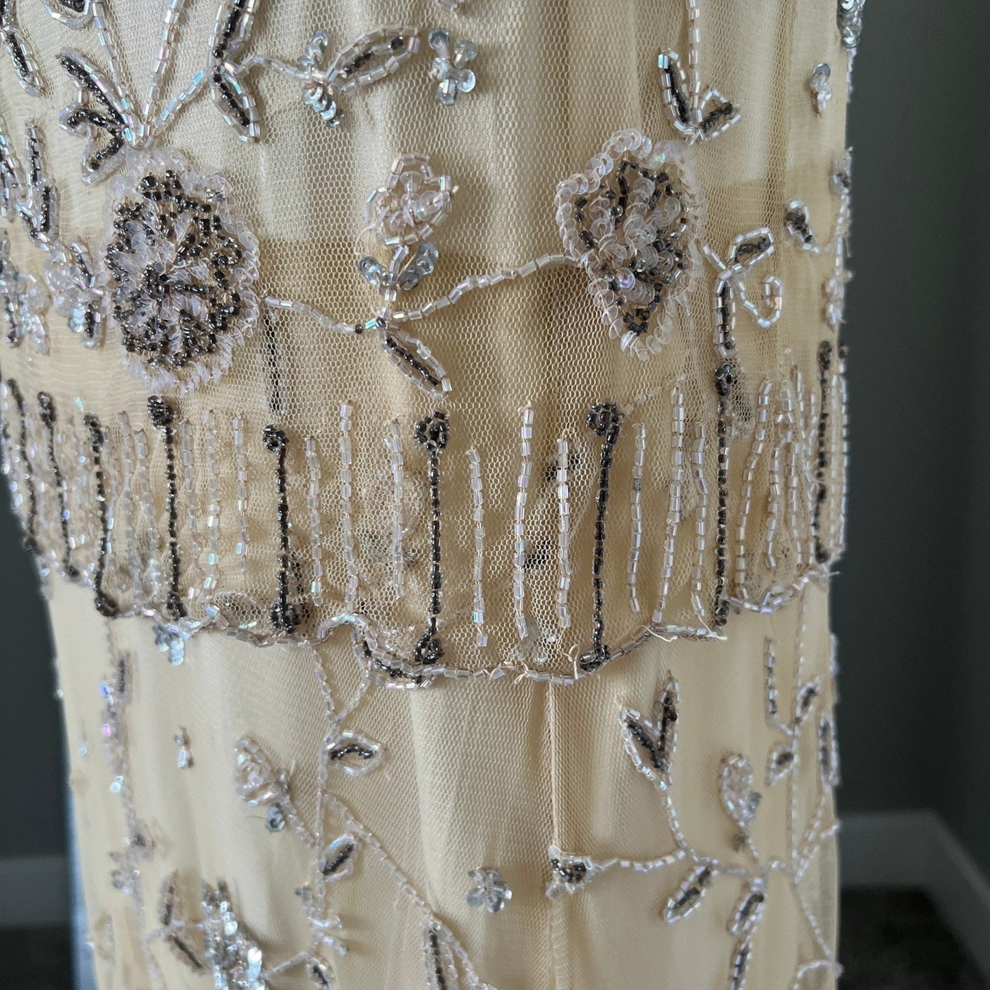 Vintage Style Beaded Dress Small Champagne Sequin Flapper Gown Bridal Wedding