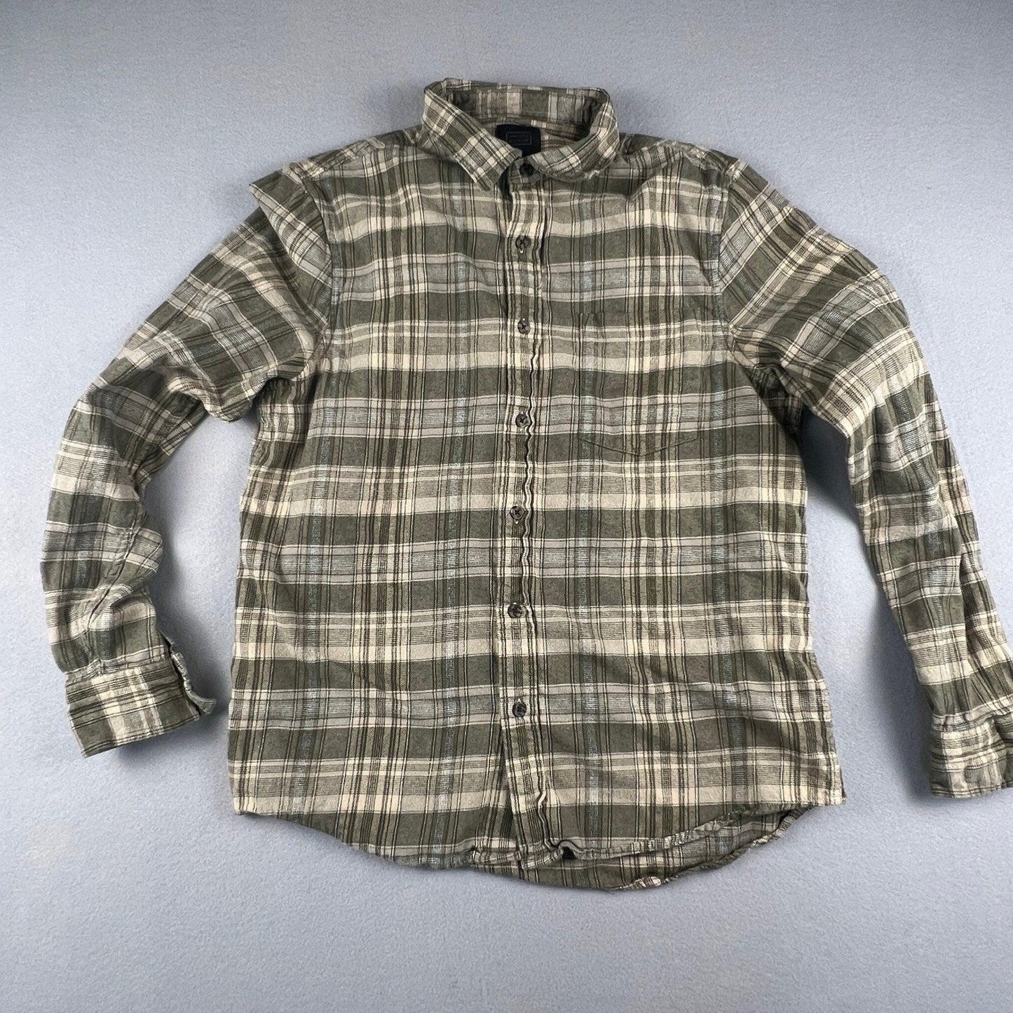 14th & Union Plaid Button Down Mens Size Medium Olive Green Cotton Flannel Style