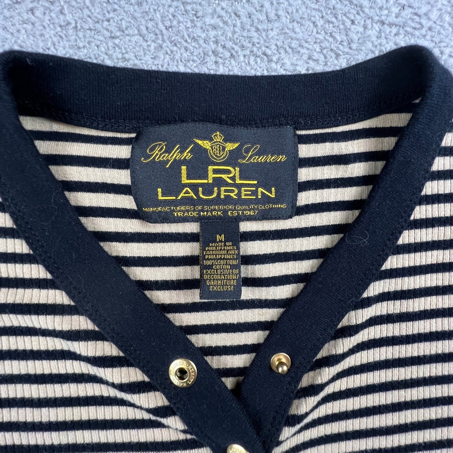 Lauren Ralph Lauren Henley Top Womens Medium Tan Navy Striped Ribbed Knit Preppy
