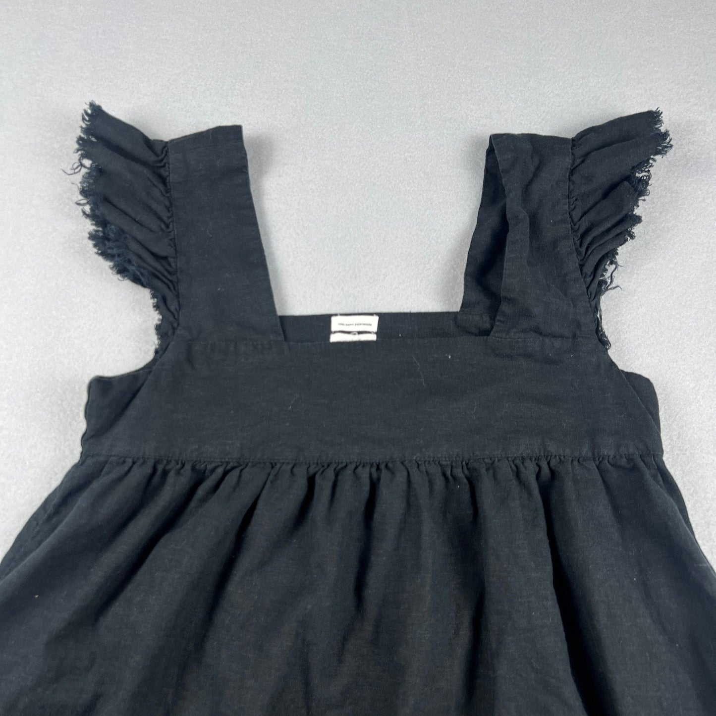 Linen Blend Babydoll Dress XS Black Ruffle Fringe Boho Mini Pocket Resort Aerie