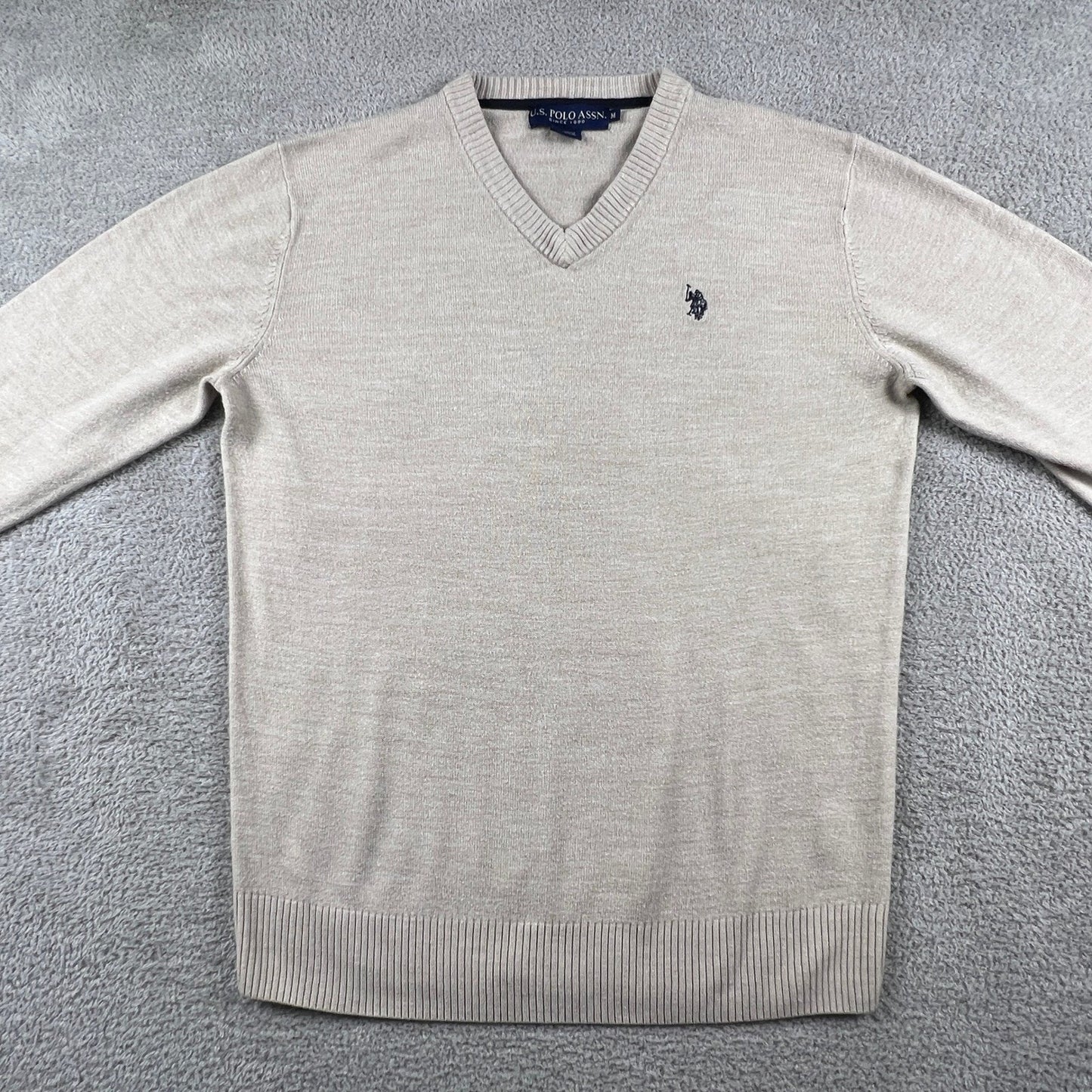 U.S. Polo Assn. V-Neck Sweater Mens Medium Tan Knit Preppy Classic