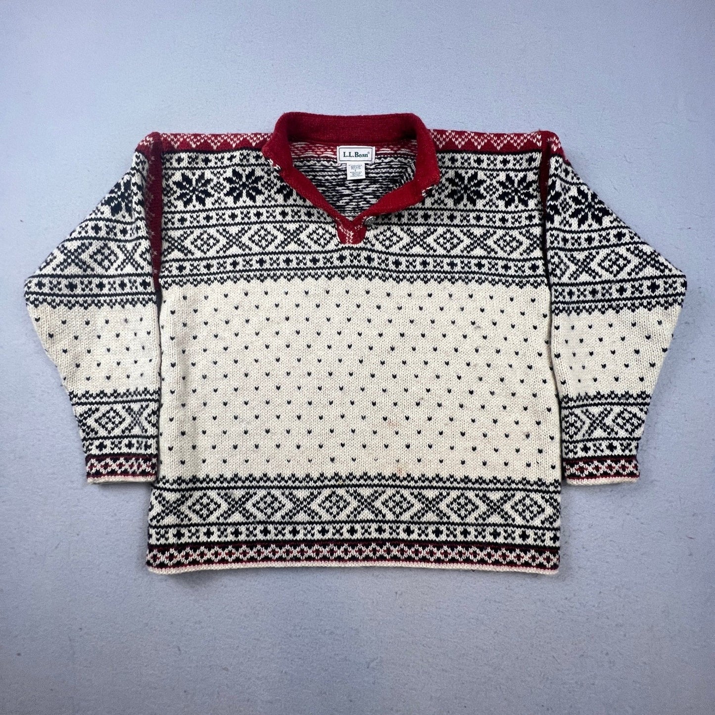 L.L. Bean Sweater Womens Small Cream Red Nordic Fair Isle Wool Blend VTG USA