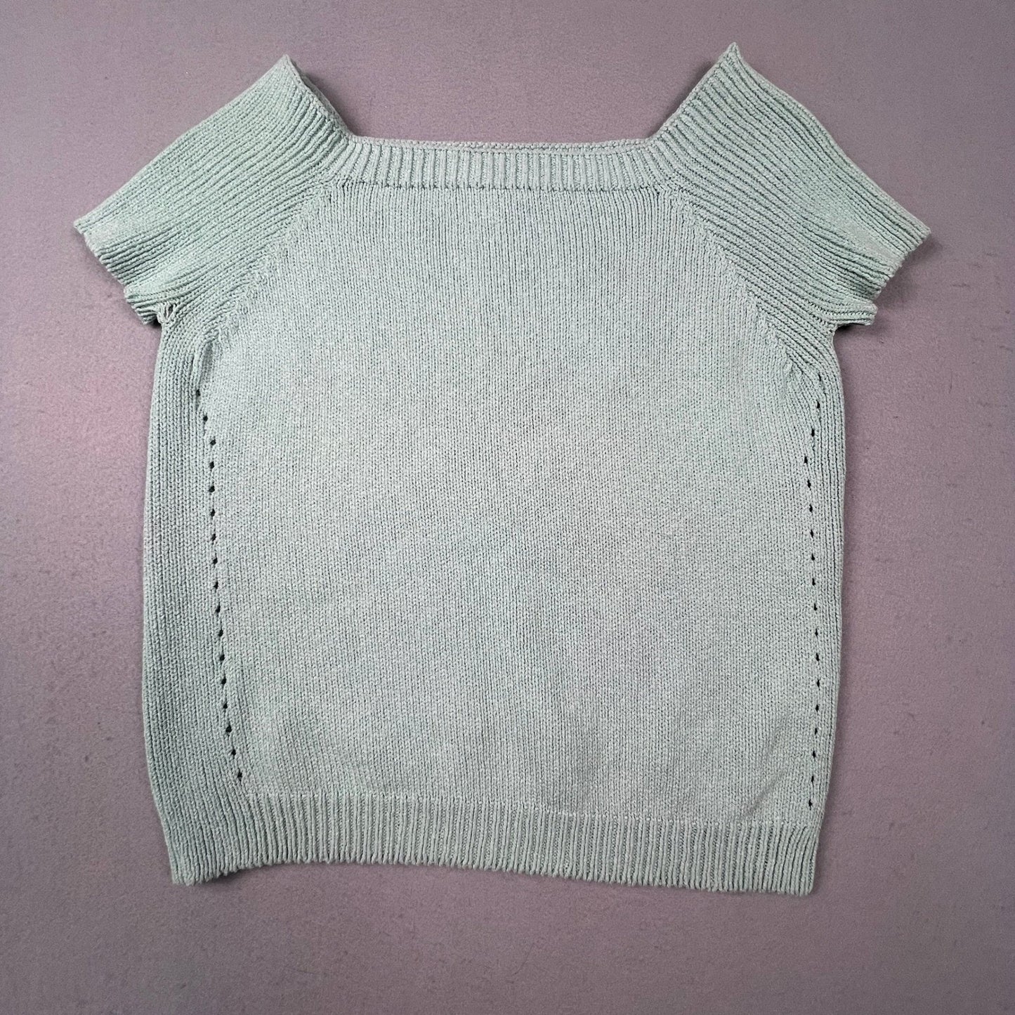 St. John Sport Knit Top Womens Medium Mint Green Square Neck Ribbed Short Sleeve