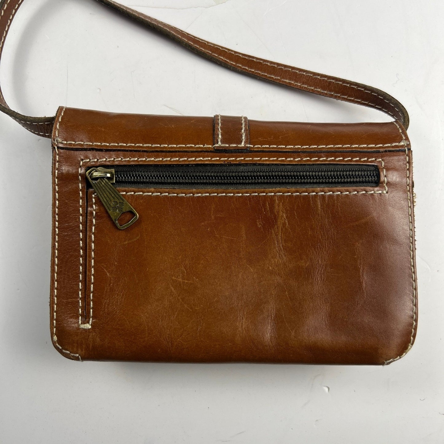 Patricia Nash Tooled Leather Crossbody Bag Tan Floral Embossed Vintage Boho