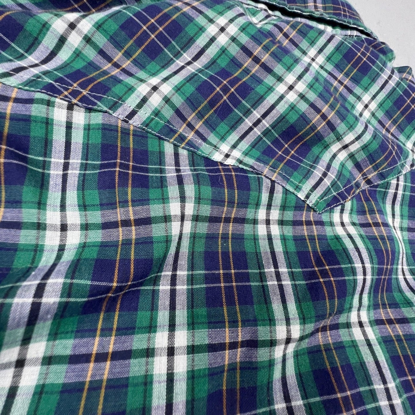 Sears Western Wear Pearl Snap Shirt Mens Medium Green Plaid Vintage Cowboy Yoke