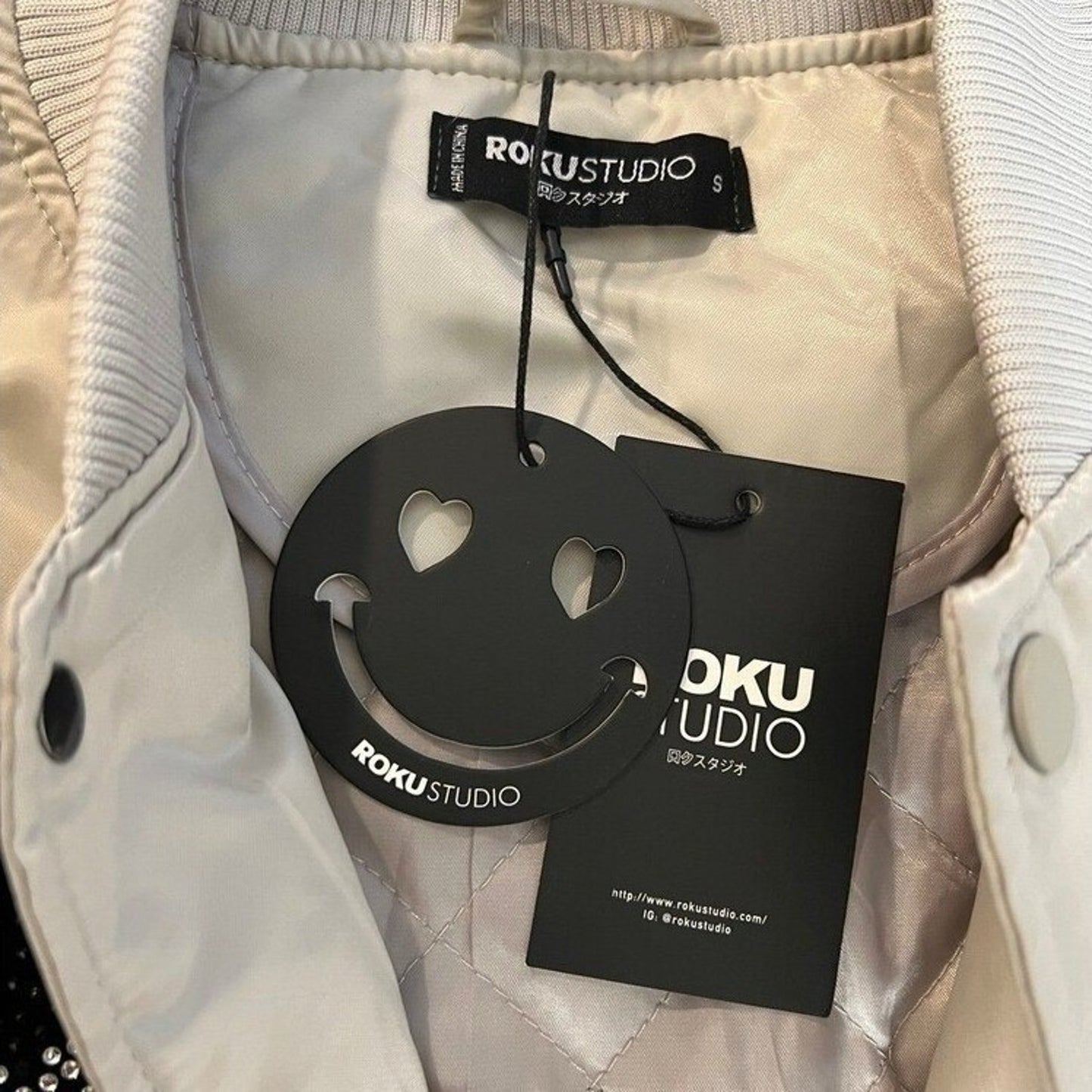 Y2K Roku Studio Bomber Jacket Mens Small NWT Silver Rhinestones Tear Drop Grunge
