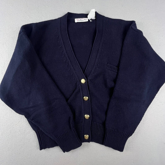 Talbots Cardigan Sweater Womens Medium Navy Blue Gold Crest Button Cotton Preppy